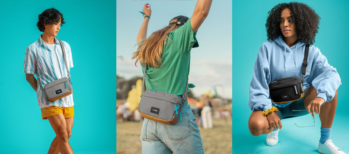 Pacsafe Go Anti-Theft Crossbody Bag worn and carried out and about, lifestyle photo collage