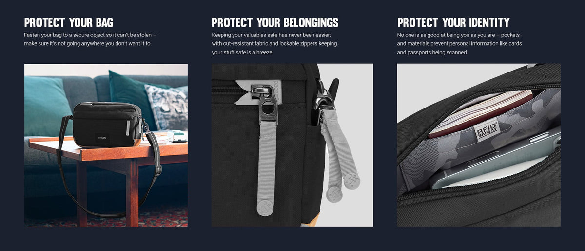 Pacsafe Go Anti-Theft Crossbody Bag: three panels showing how it protects your bag, belongings and identity