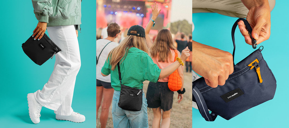 Pacsafe Go Anti-Theft Crossbody Pouch worn and carried out and about, lifestyle photo collage