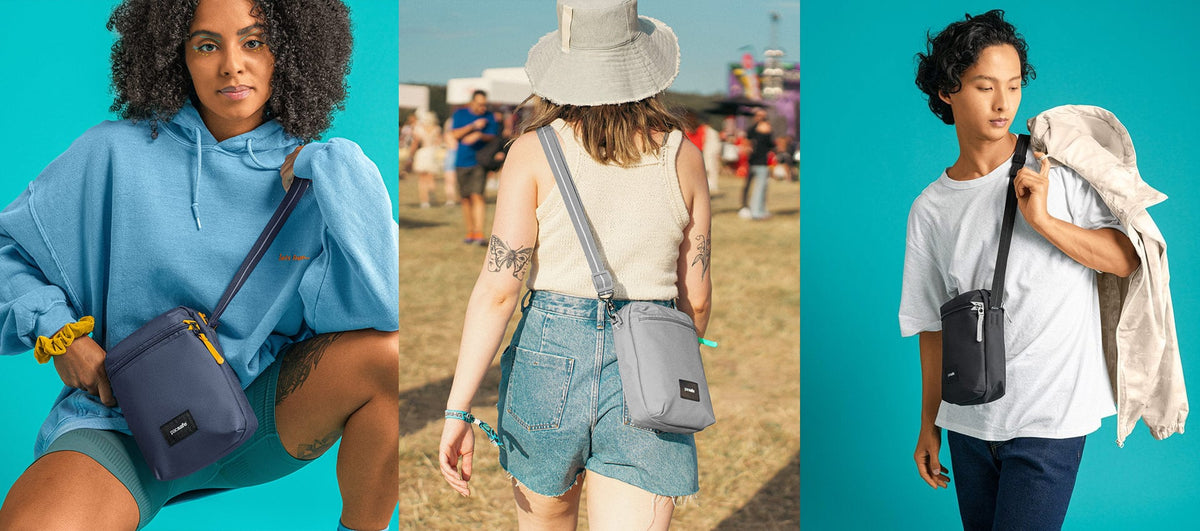 Pacsafe Go Anti-theft Festival Crossbody Bag worn and carried out and about, lifestyle photo collage
