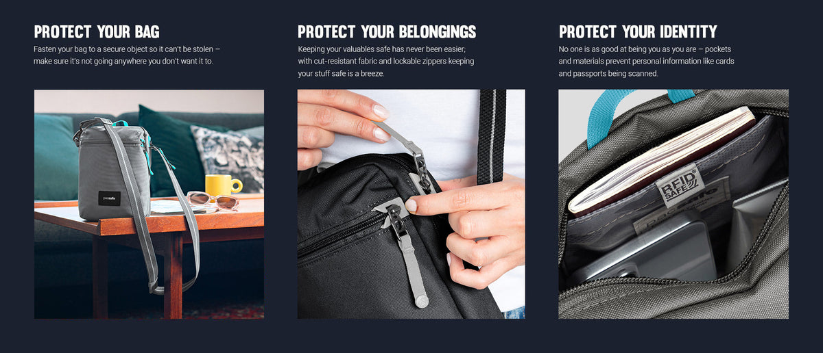 Pacsafe Go Anti-theft Festival Crossbody Bag: three panels showing how it protects your bag, belongings and identity