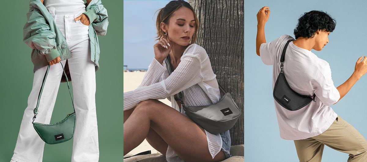 Pacsafe Go Anti-Theft Lunar Crossbody Bag worn and carried out and about, lifestyle photo collage