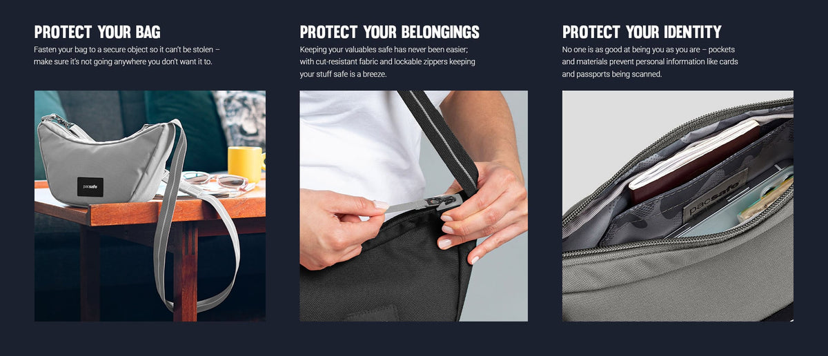 Pacsafe Go Anti-Theft Lunar Crossbody Bag: three panels showing how it protects your bag, belongings and identity