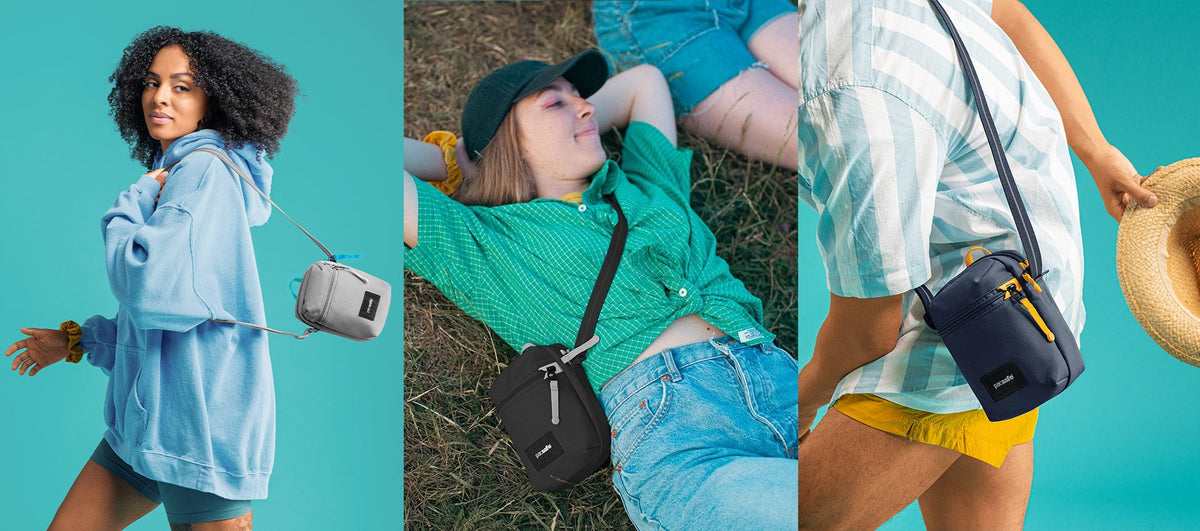 Pacsafe Go Anti-theft Micro Crossbody Bag worn and carried out and about, lifestyle photo collage