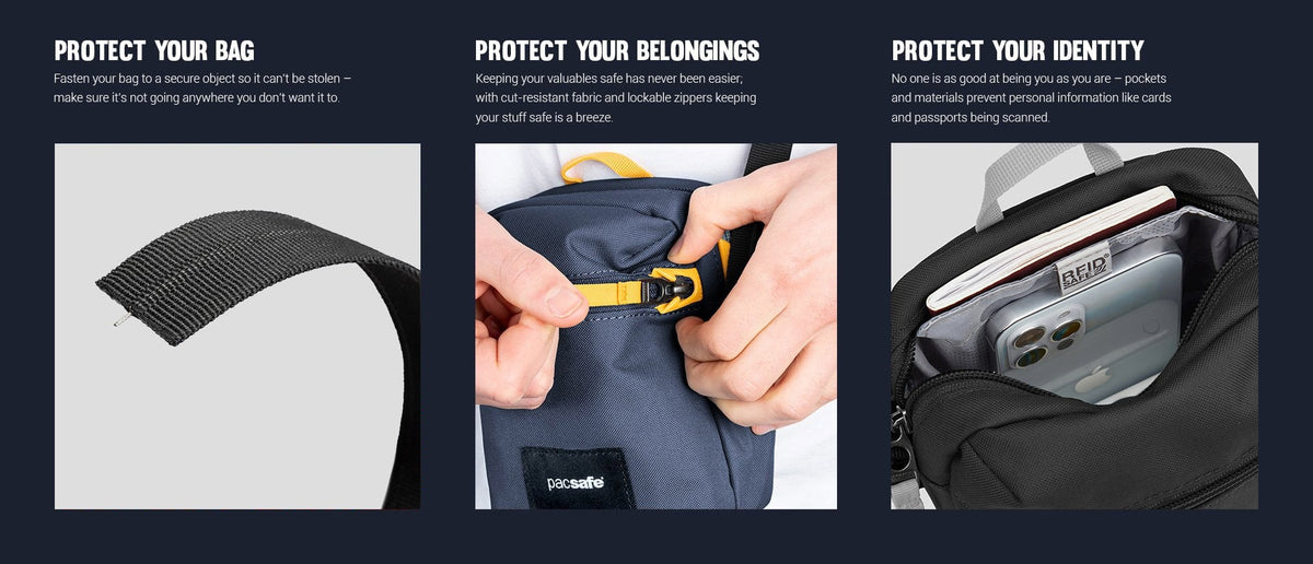 Pacsafe Go Anti-theft Micro Crossbody Bag: three panels showing how it protects your bag, belongings and identity