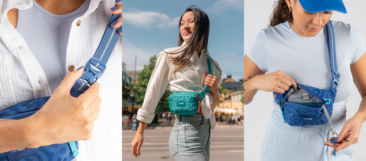 Pacsafe Go Anti-Theft Micro Sling worn and carried out and about, lifestyle photo collage