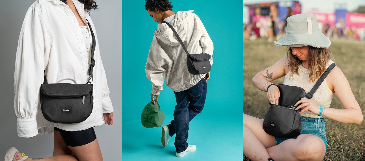 Pacsafe Go Anti-Theft Saddle Crossbody Bag worn and carried out and about, lifestyle photo collage