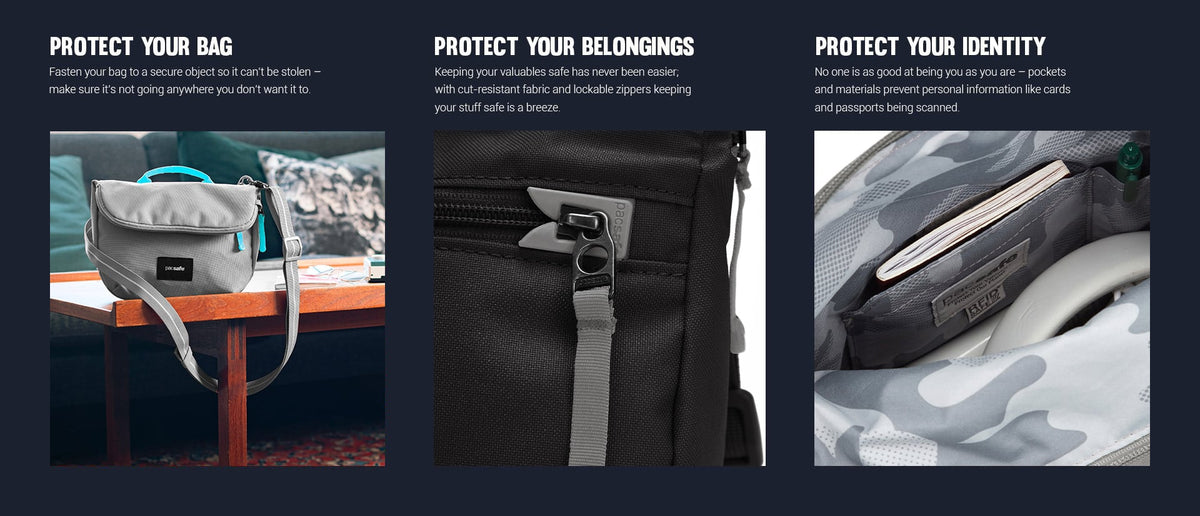 Pacsafe Go Anti-Theft Saddle Crossbody Bag: three panels showing how it protects your bag, belongings and identity
