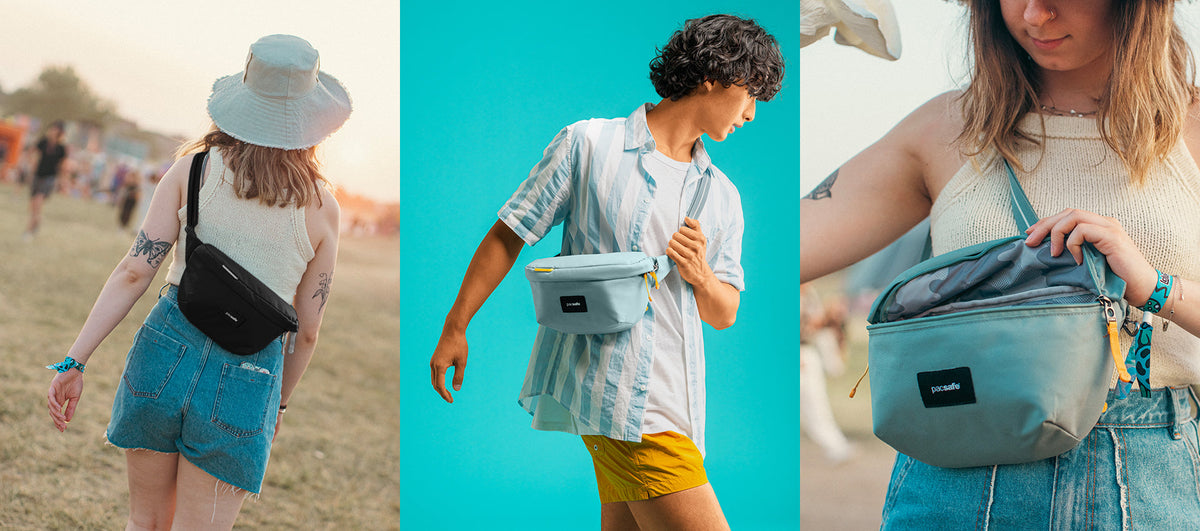 Pacsafe GO Anti-theft Sling Pack worn and carried out and about, lifestyle photo collage
