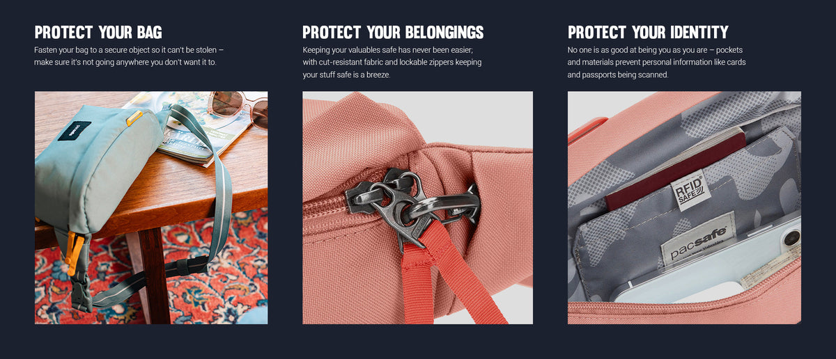 Pacsafe GO Anti-theft Sling Pack: three panels showing how it protects your bag, belongings and identity