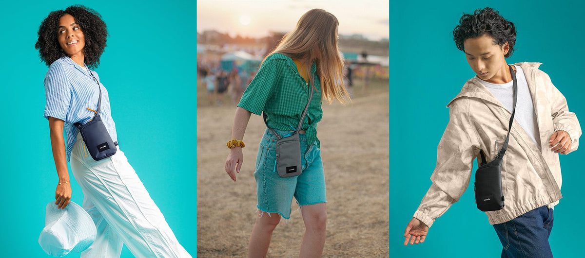Pacsafe Go Anti-Theft Tech Crossbody Bag worn and carried out and about, lifestyle photo collage
