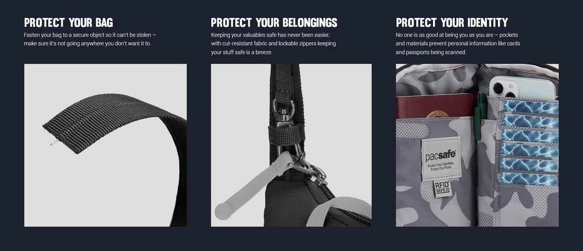 Pacsafe Go Anti-Theft Tech Crossbody Bag: three panels showing how it protects your bag, belongings and identity