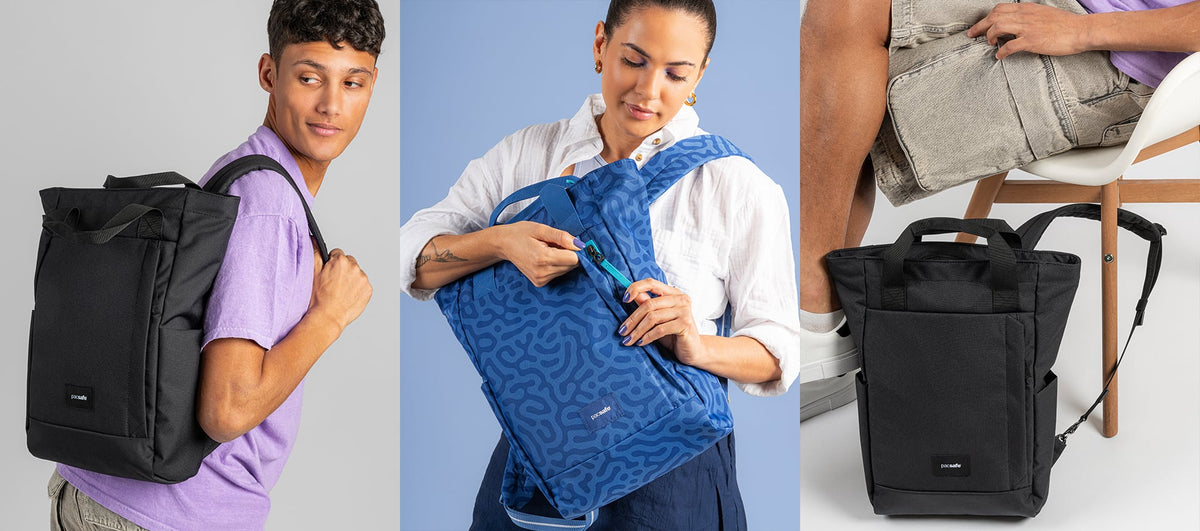 Pacsafe GO Anti-Theft 16" Laptop Totepack worn and carried out and about, lifestyle photo collage