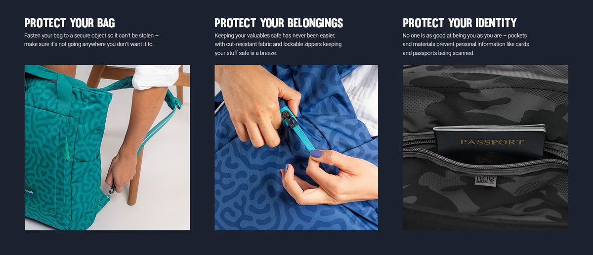Pacsafe GO Anti-Theft 16" Laptop Totepack: three panels showing how it protects your bag, belongings and identity