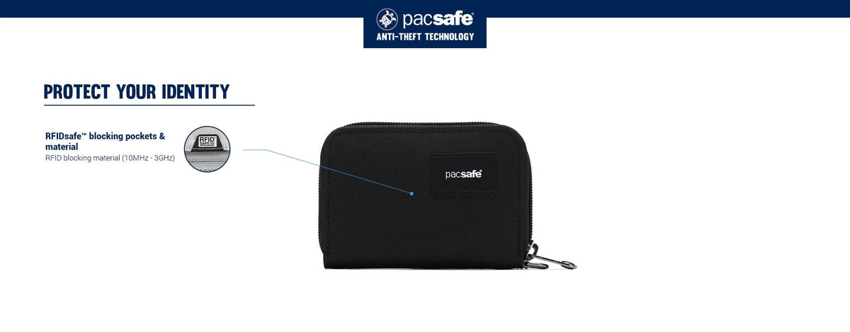 Pacsafe RFIDsafe Card Wallet: labelled diagram of its anti-theft features