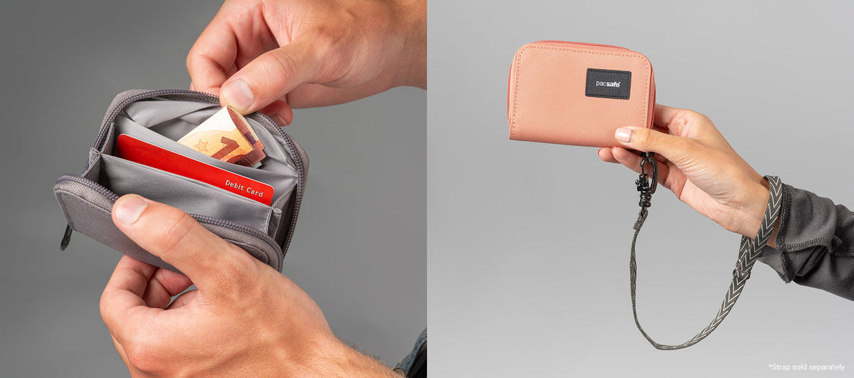 Pacsafe RFIDsafe Card Wallet worn and carried out and about, lifestyle photo collage
