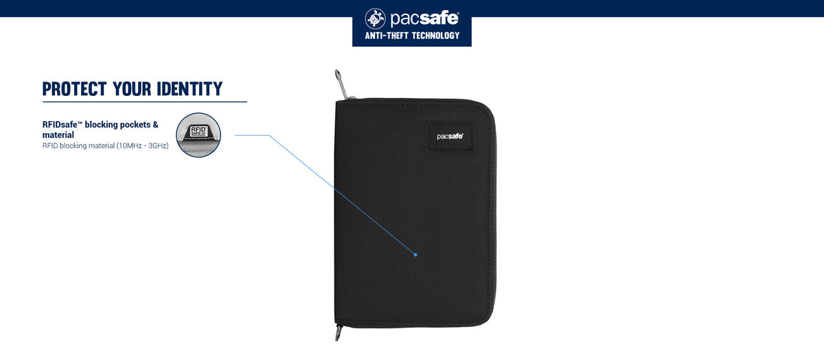 Pacsafe RFIDsafe Compact Travel Organiser: labelled diagram of its anti-theft features