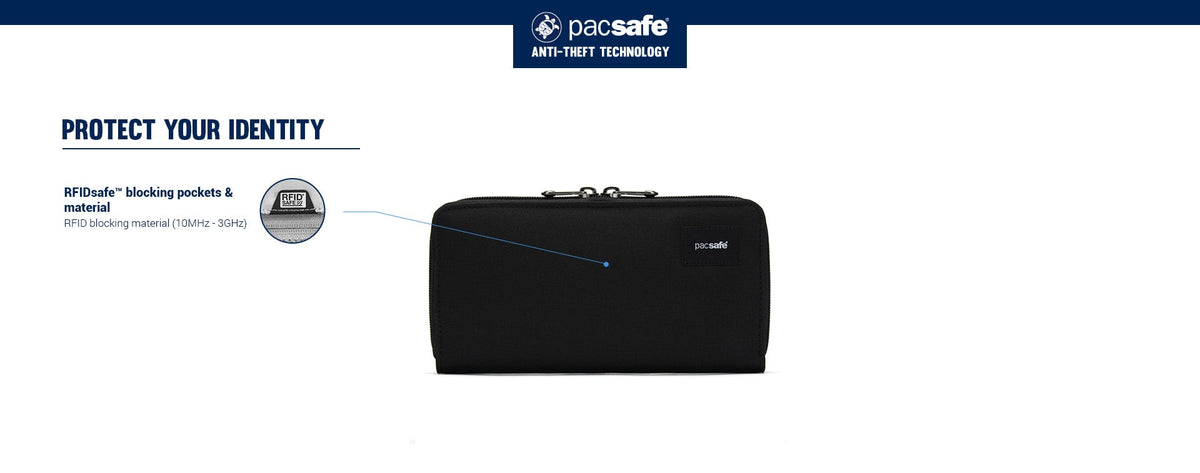Pacsafe RFIDsafe Continental Wallet: labelled diagram of its anti-theft features