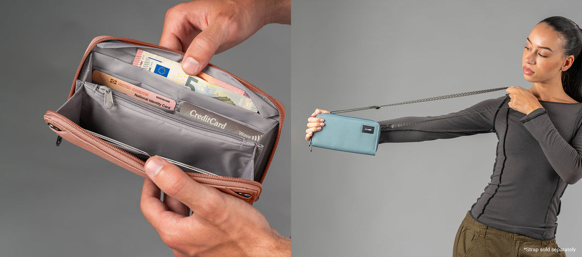 Pacsafe RFIDsafe Continental Wallet worn and carried out and about, lifestyle photo collage
