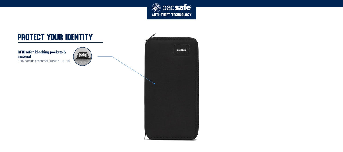 Pacsafe RFIDsafe RFID Blocking Travel Wallet: labelled diagram of its anti-theft features