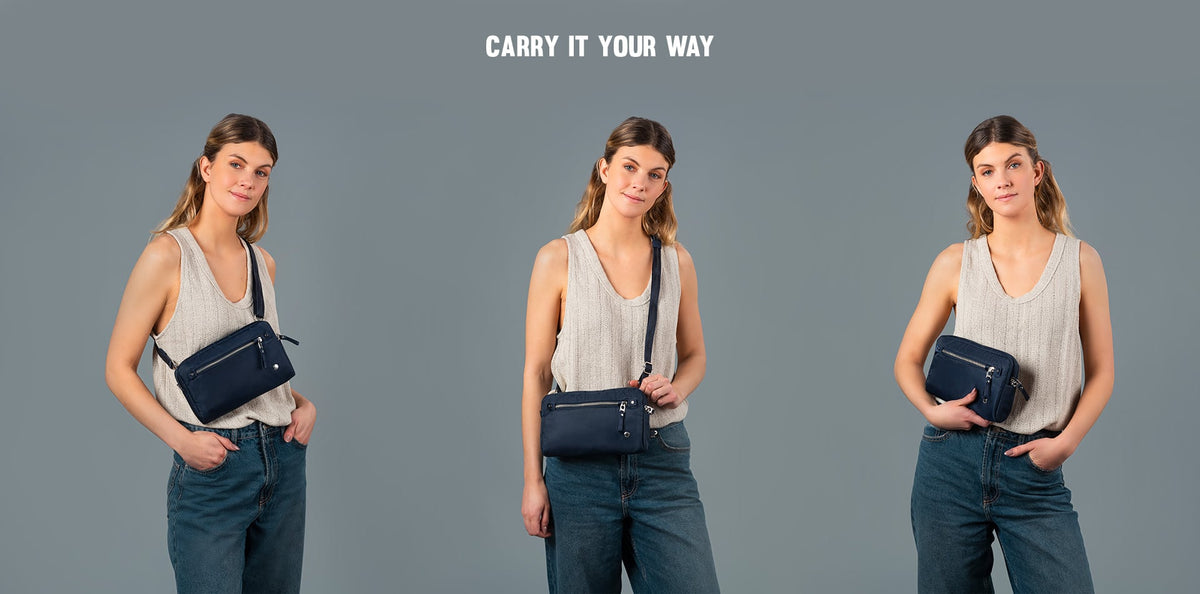 Pacsafe W Anti-theft 3-in-1 Sling Bag: panel showing the different ways to carry it