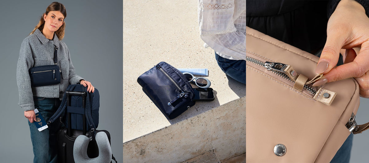 Pacsafe W Anti-theft 3-in-1 Sling Bag worn and carried out and about, lifestyle photo collage
