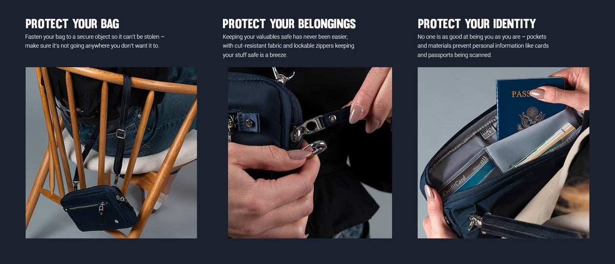 Pacsafe W Anti-theft 3-in-1 Sling Bag: three panels showing how it protects your bag, belongings and identity