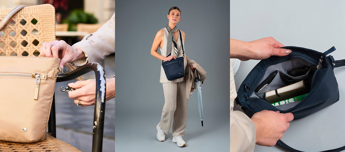 Pacsafe W Anti-theft Crossbody Bag worn and carried out and about, lifestyle photo collage