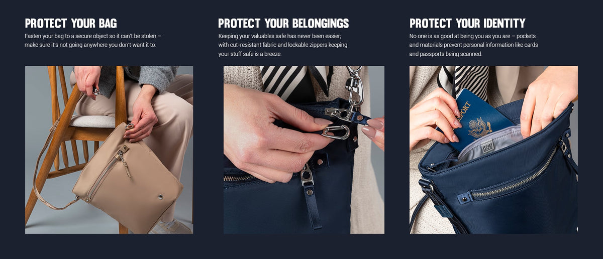 Pacsafe W Anti-theft Crossbody Bag: three panels showing how it protects your bag, belongings and identity