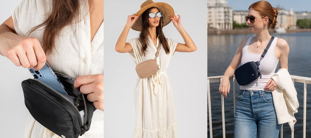 Pacsafe W Anti-theft Micro Sling worn and carried out and about, lifestyle photo collage