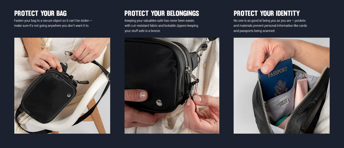 Pacsafe W Anti-theft Micro Sling: three panels showing how it protects your bag, belongings and identity