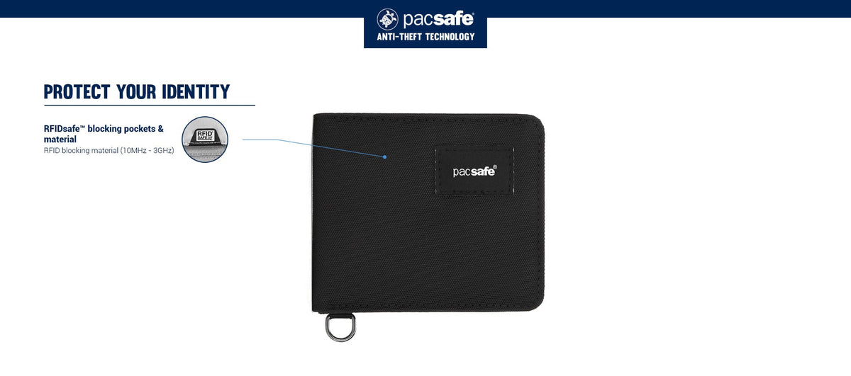 Pacsafe RFIDsafe RFID Blocking Bifold Wallet: labelled diagram of its anti-theft features