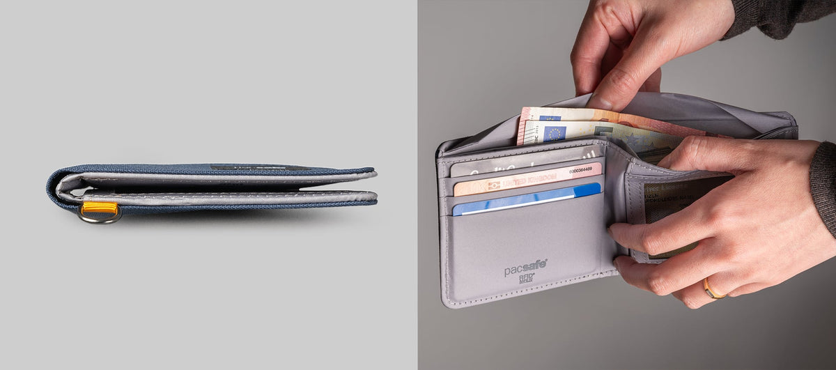 Pacsafe RFIDsafe RFID Blocking Bifold Wallet worn and carried out and about, lifestyle photo collage