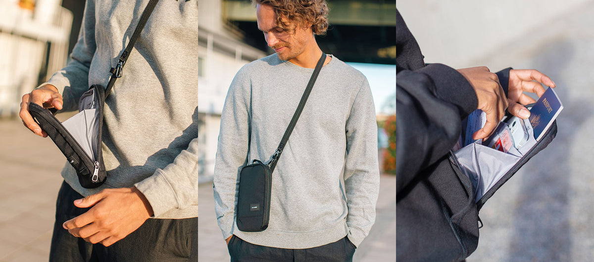 Pacsafe RFIDsafe Tech Crossbody worn and carried out and about, lifestyle photo collage