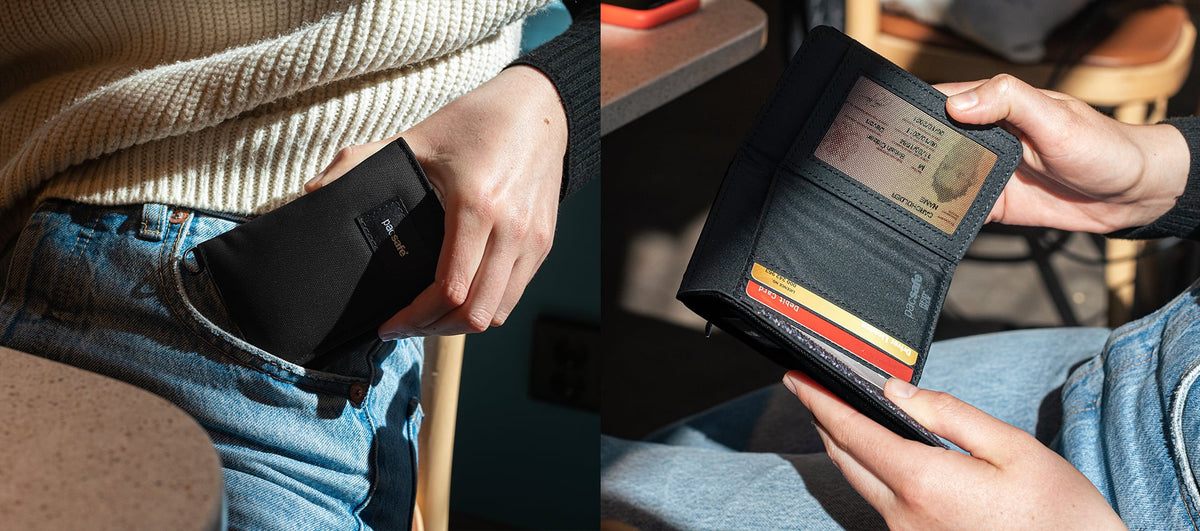 Pacsafe RFIDsafe Trifold Wallet worn and carried out and about, lifestyle photo collage