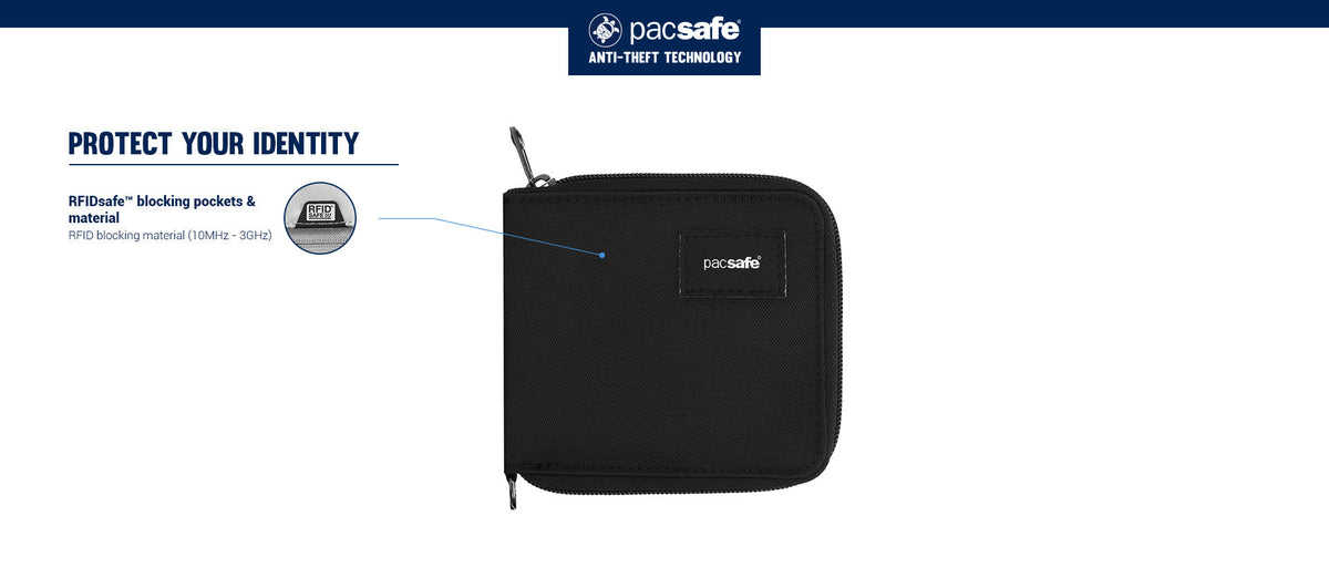 Pacsafe RFIDsafe Zip Around Wallet: labelled diagram of its anti-theft features