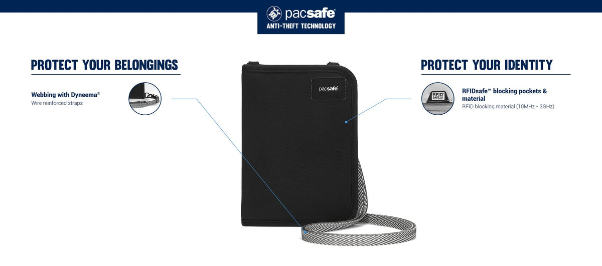 Pacsafe RFIDsafe V150 Anti-theft RFID Blocking Compact Organiser: labelled diagram of its anti-theft features
