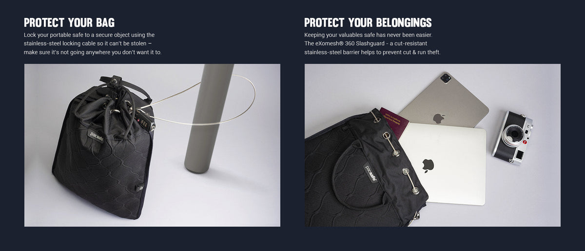Pacsafe Travelsafe 5L GII Portable Anti-Theft Safe: labelled diagram of its anti-theft features
