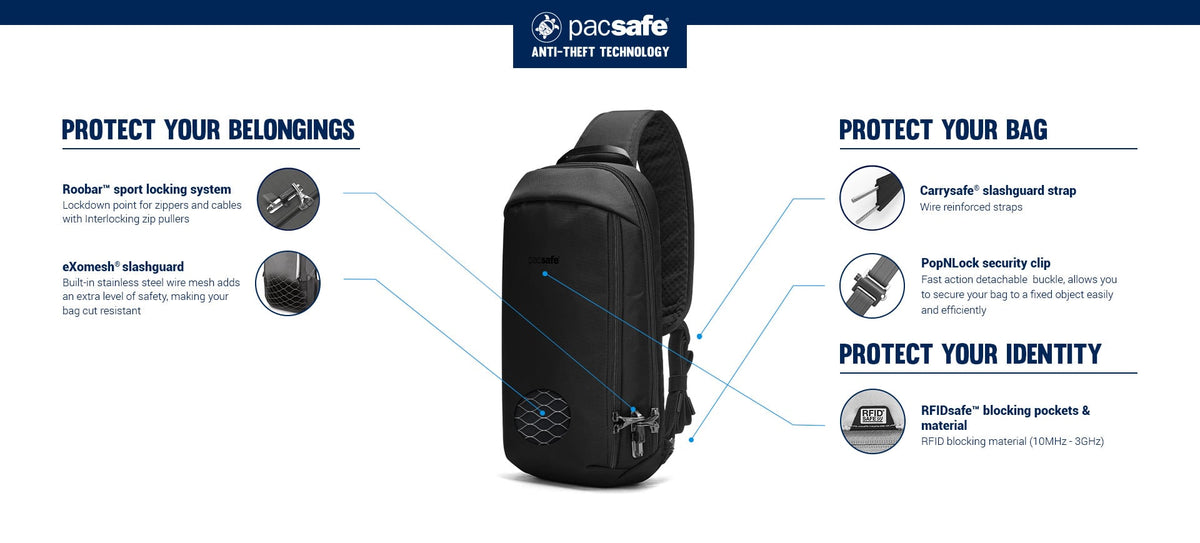 Pacsafe V Tech Anti-Theft 10L Sling anti-theft technology callouts