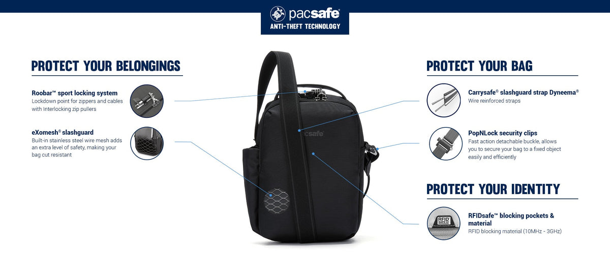 Pacsafe V Tour Anti-Theft Crossbody anti-theft technology callouts