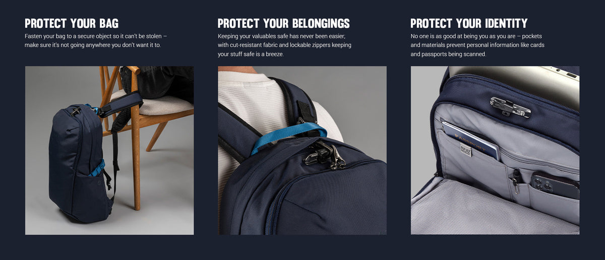 Pacsafe Vibe 25 - Anti-Theft 25L Laptop Daypack: three panels showing how it protects your bag, belongings and identity