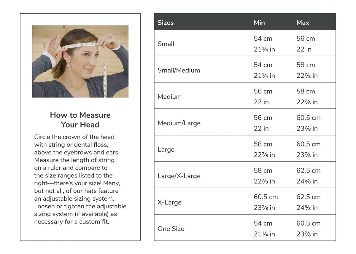 Sunday Afternoons adult hat sizing chart: how to measure your head, and the head circumference for each size