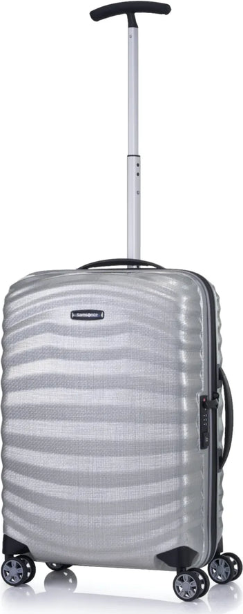 tu-samsonite-lite-shock-sport-55-cm-4-wheel-spinner-carry-on-suitcase-silver front view for size comparison