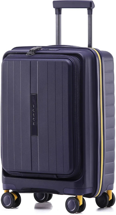 tu-tosca-cruiser-53-cm-front-opening-4-wheel-carry-on-suitcase-purple-yellow front view for size comparison