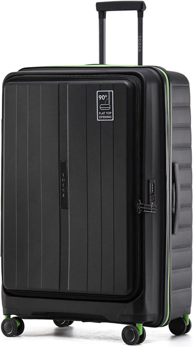 tu-tosca-cruiser-77-cm-front-opening-4-wheel-expandable-suitcase-black-lime front view for size comparison