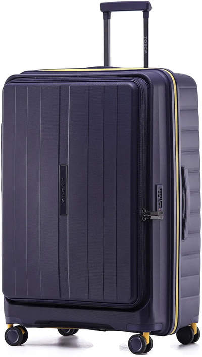 Tosca Cruiser 77 cm Front Opening 4-Wheel Expandable Suitcase - Purple / Yellow shown to scale