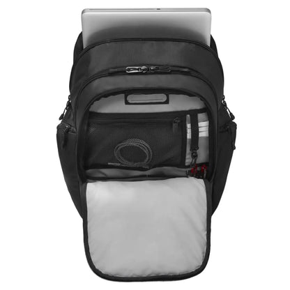 Zippered mesh pocket, key fob, pen holder, name tag, two accessory pockets and elastic USB device holder