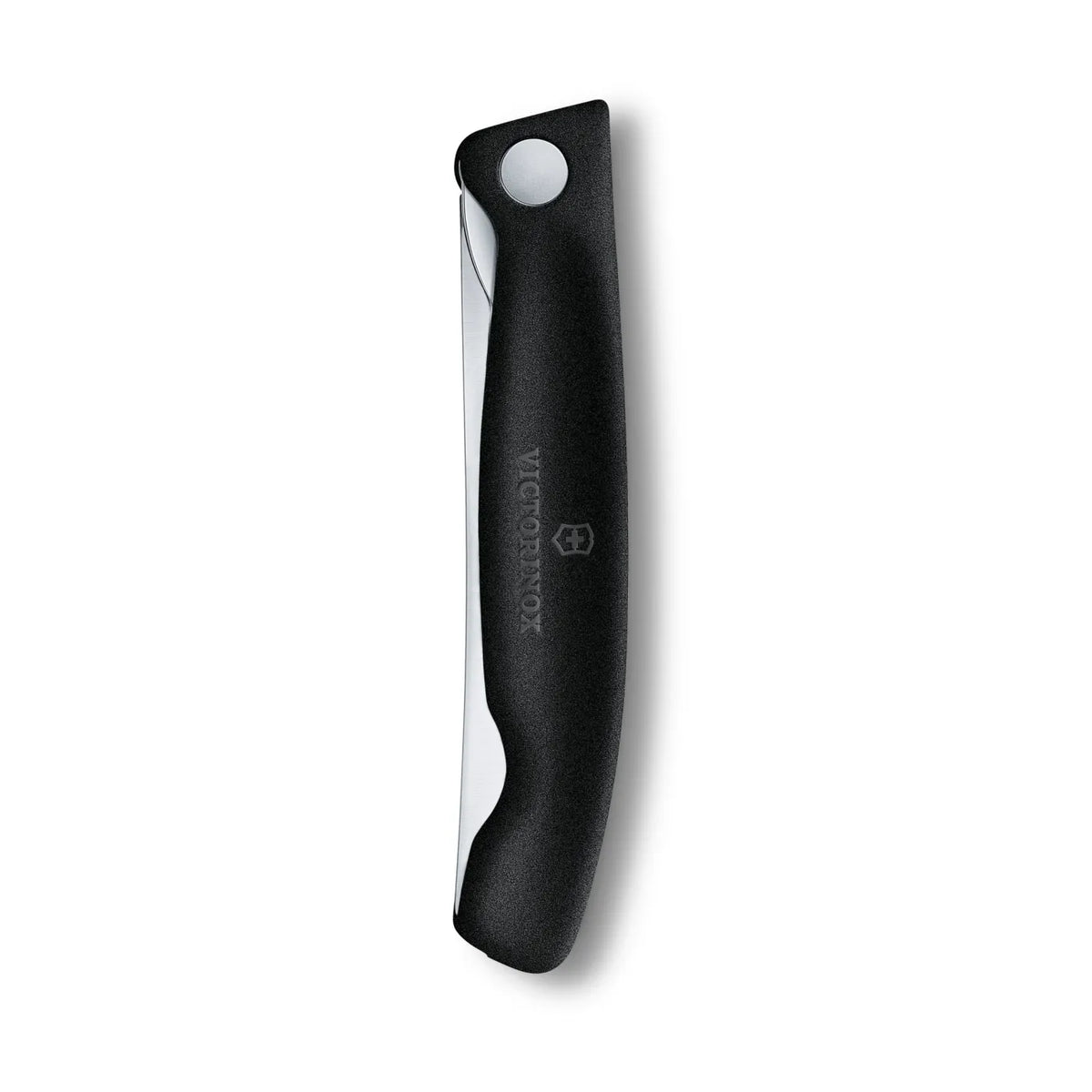 Victorinox Swiss Classic foldable paring knife in black, folded closed, front of the handle with the locking button