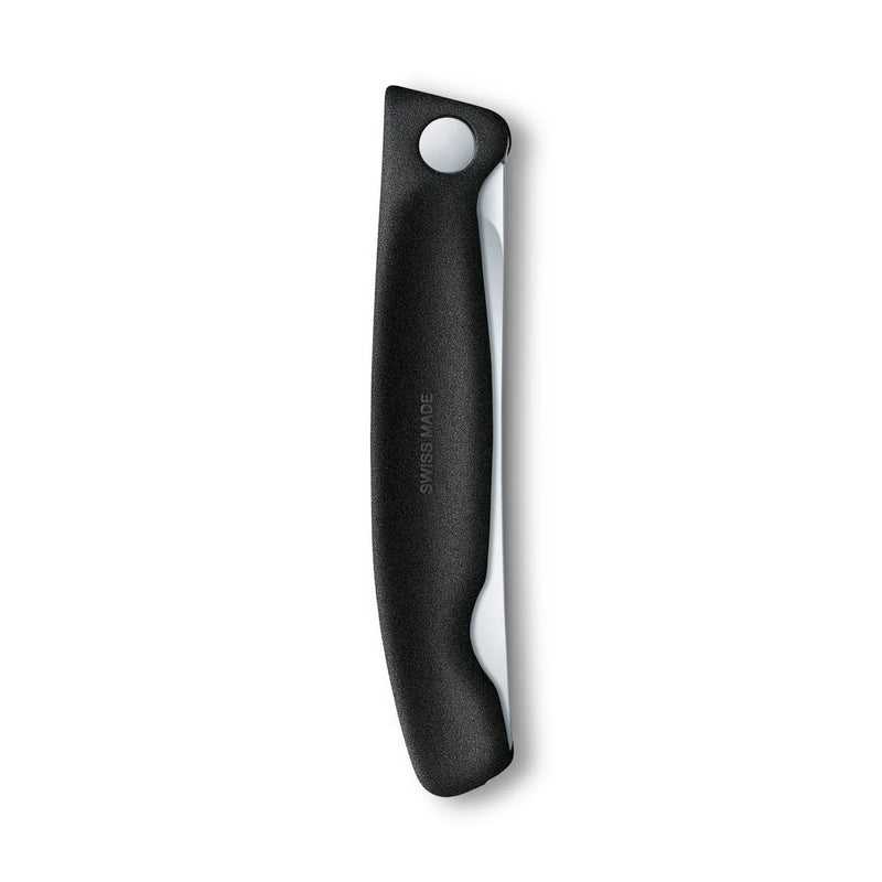 Victorinox Swiss Classic foldable paring knife in black, folded closed, back of the handle