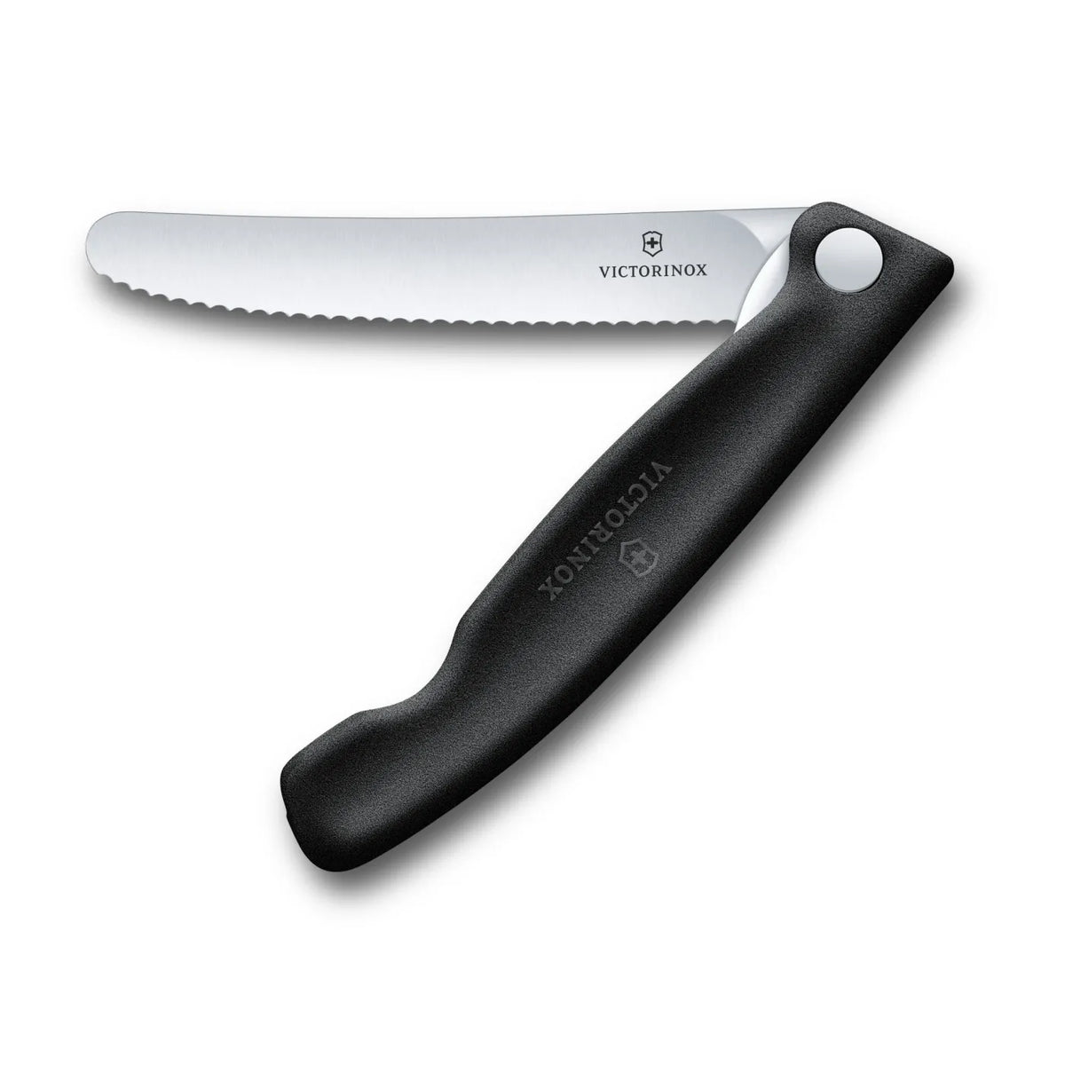 Victorinox Swiss Classic foldable paring knife in black, opened flat with the 11 cm serrated blade extended, seen from above